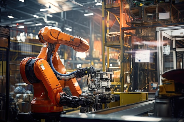 Inteligentne ramiona robotów przemysłowych dla cyfrowej linii produkcyjnej fabryki sztuczna inteligencja na potrzeby rewolucji przemysłowej Robot humanoidalny obsługujący wózek widłowy w tętniącym życiem kompleksie przemysłowym Wygenerowano sztuczną inteligencję