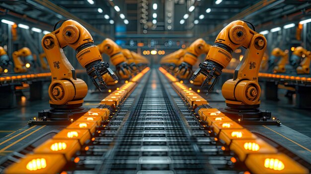 Inteligentne ramiona robotów przemysłowych do cyfrowej technologii produkcji fabrycznej pokazujące automatyzację
