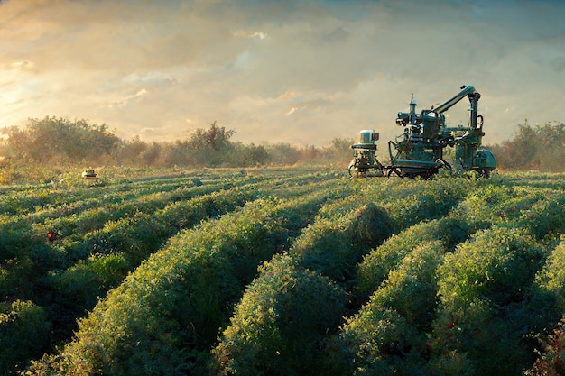 Inteligentne roboty, futurystyczni rolnicy pracujący na polu Technologia rolnictwa Automatyzacja gospodarstwa