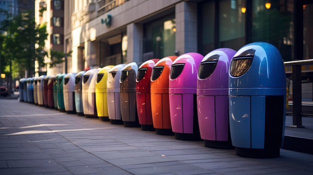 Inteligentne śmietniki zaawansowana technologia innowacyjne zarządzanie odpadami połączone pojemniki na śmieci futurystyczne miasta stworzone za pomocą generatywnej technologii sztucznej inteligencji