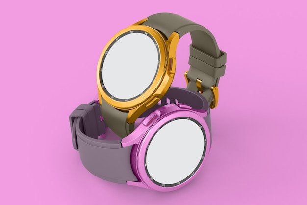 Inteligentne zegarki Klasyczna lewa strona na białym tle na różowym tle