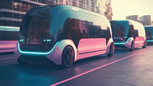 Inteligentny, autonomiczny pojazd i autobus Generative napędzany sztuczną inteligencją jeździ nocą po mieście