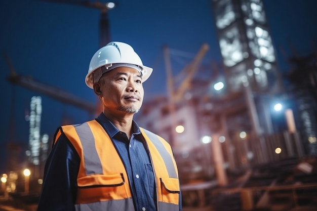 Inteligentny azjatycki inżynier menedżer z mundurem bezpieczeństwa sprawdzający budowę terenu ze stali