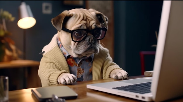 Inteligentny pies korzystający z komputera Zabawny zwierzak w szarej generatywnej sztucznej inteligencji