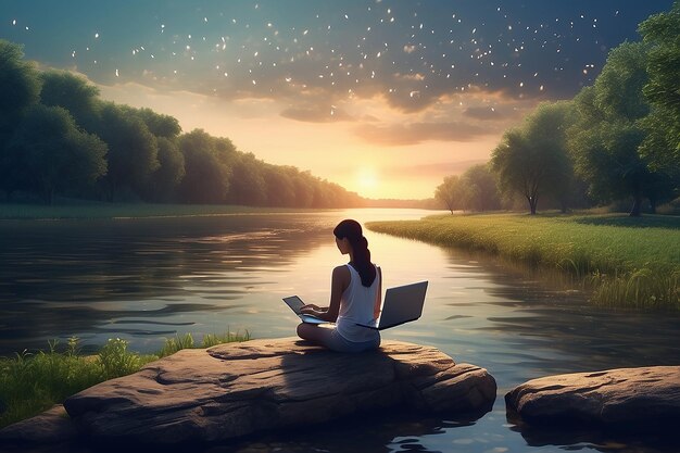 Inteligentny programista znajduje pociechę w uścisku natury, siedząc na brzegu rzeki z laptopem.