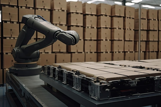 Inteligentny robot pobierający i umieszczający pudła na paletach wysyłkowych stworzony za pomocą generatywnej sztucznej inteligencji