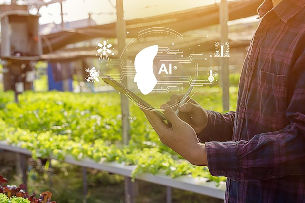 Inteligentny rolnik wykorzystujący technologię tabletów IoT do analizy zdrowia roślin, takich jak woda, wilgoć gleby