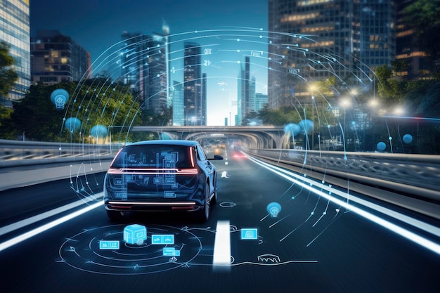 Inteligentny system nowoczesnej technologii inteligentnego samochodu wykorzystujący wyświetlacz HUD Autonomiczny pojazd w trybie samodzielnej jazdy na drodze miejskiej z czujnikiem graficznym, systemem sygnału radarowego inteligentny samochód