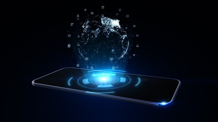 Zdjęcie inteligentny telefon z cyfrowym hologramem kuli ziemskiej. sieć na całym świecie koncepcja połączenia. renderowanie 3d