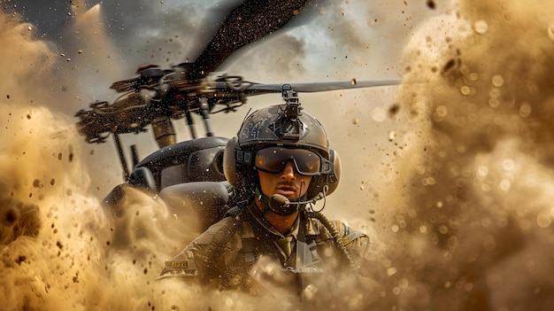 Intensywna akcja wojskowa uchwycona przez pilota śmigłowca w sprzęcie bojowym dramatyczne niebo i chmury pyłu wysokoenergetyczna scena odpowiednia do użytku redakcyjnego AI