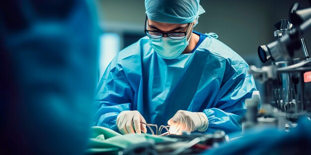 Intensywna Koncentracja I Precyzja Chirurga Podczas Operacji Podkreślające Ich Rękawiczkowe Ręce I Instrumenty Medyczne Generatywna Sztuczna Inteligencja