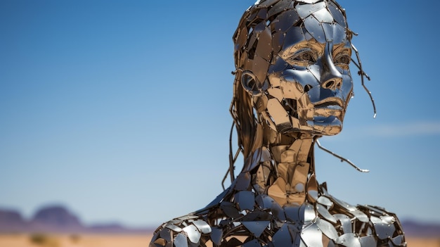 Intensywna metalowa rzeźba z bliska Futuristyczne odbicia pustyni