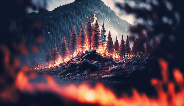 Intensywne płomienie z ogromnego pożaru lasu Płomienie rozświetlają noc Generacyjna sztuczna inteligencja