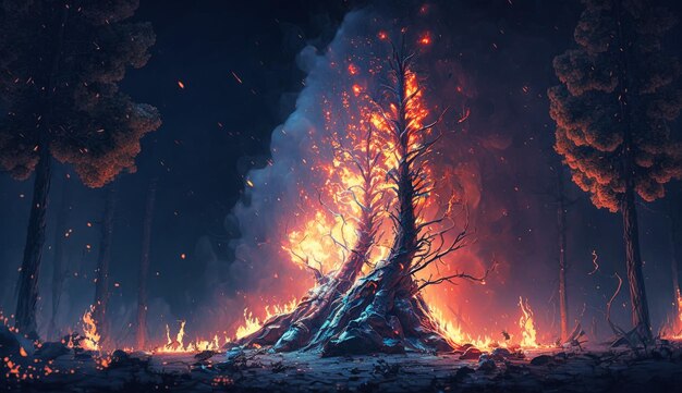 Intensywne płomienie z ogromnego pożaru lasu Płomienie rozświetlają noc Generacyjna sztuczna inteligencja