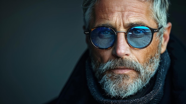 Intensywny mężczyzna z brodą z niebieskimi odbiciami w okularach tajemniczy urok