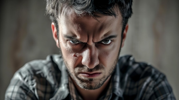 Intensywny portret mężczyzny z przerażającym wyrazem twarzy w ciemnym otoczeniu