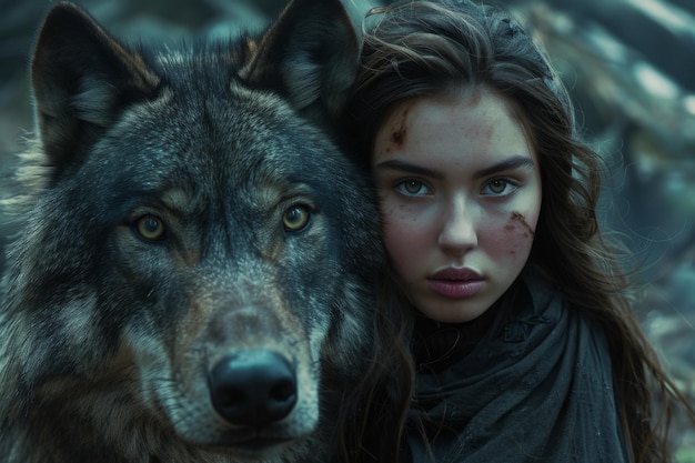 Zdjęcie intensywny portret młodej kobiety i wilka w mistycznym lesie