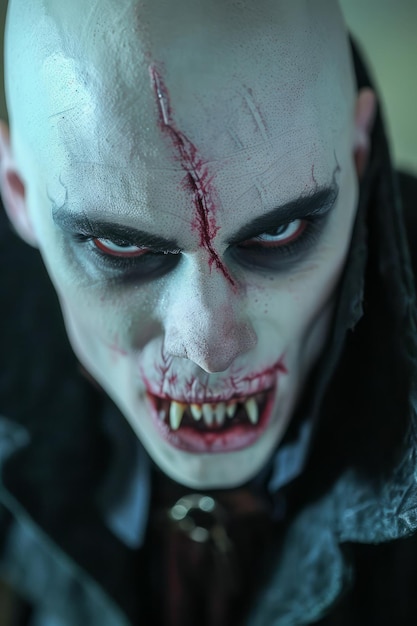 Intensywny portret przerażającego samca wampira z krwawymi ostrymi zębami i bladej skórą w ciemnej atmosferze