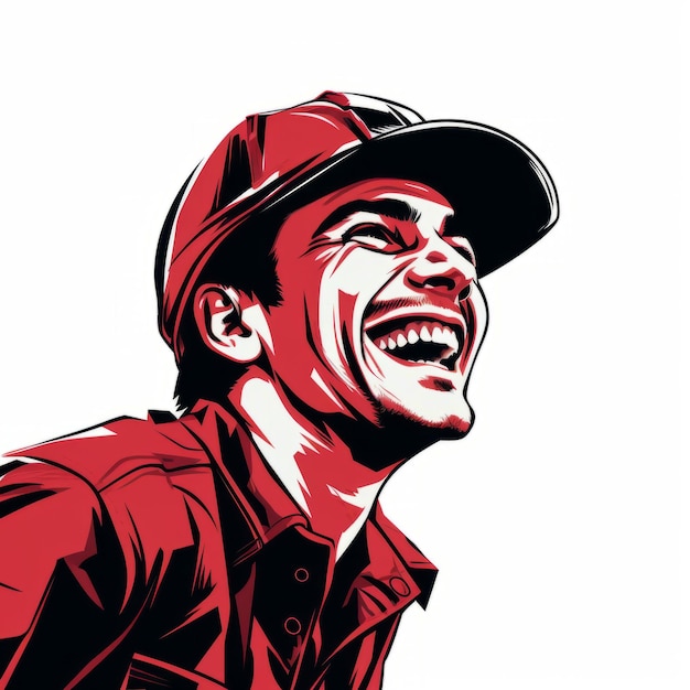 Intensywny portret śmiejącej się postaci w czerwonej czapce