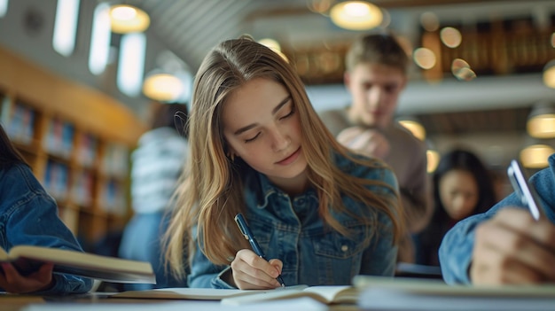 Intensywny widok młodzieńczej kobiety robiącej notatki, podczas gdy koledzy studenci studiują w tle w bibliotece uniwersyteckiej