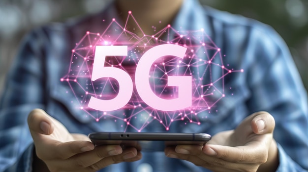 Zdjęcie interaktywna holograficzna ikona tekstu 5g świecąca nad telefonem komórkowym futurystyczna koncepcja technologii