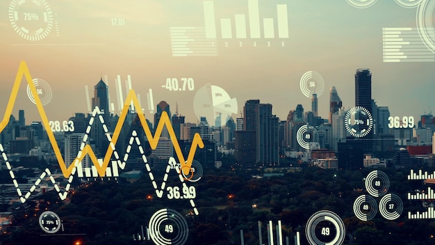 Interfejs analityczny danych biznesowych przelatuje nad inteligentnym miastem, pokazując przyszłość zmian