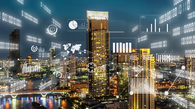 Zdjęcie interfejs analityczny danych biznesowych przelatuje nad inteligentnym miastem, pokazując przyszłość zmian