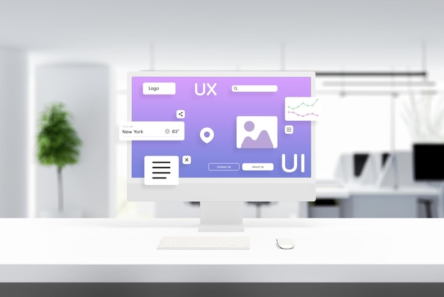 Zdjęcie interfejs użytkownika i moduły doświadczenia strony internetowej lub aplikacji na wyświetlaczu komputera biurowego