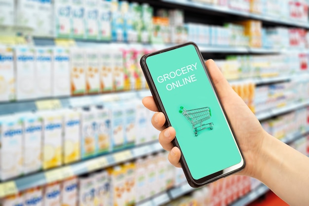Internetowa aplikacja do dostawy artykułów spożywczych w telefonie komórkowym usługa rynku żywności w smartfonie z wózkiem na zakupy...