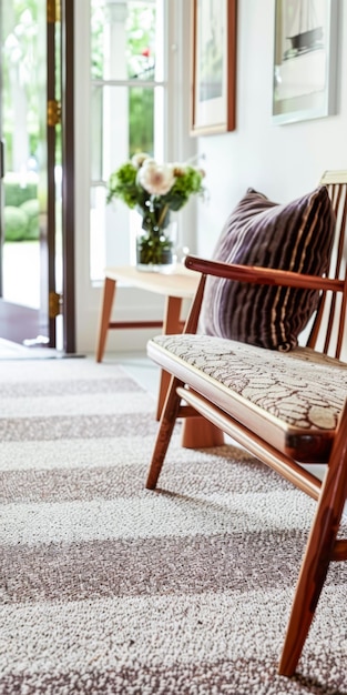 Intimna kompozycja wnętrza z klasycznym drewnianym krzesłem i teksturowanym dywanem