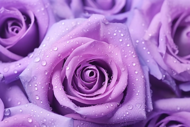 Intimne zbliżenie fioletowych płatków róży z kropelami wody stworzone za pomocą narzędzi sztucznej inteligencji