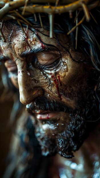 Intymne przedstawienie Jezusa na krzyżu z szczegółami z bliska na jego współczującym obliczu otoczonym
