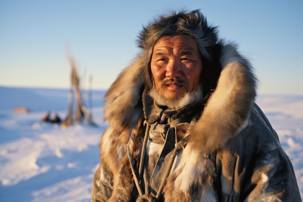 Inuit w tradycyjnych ubraniach z Alaski