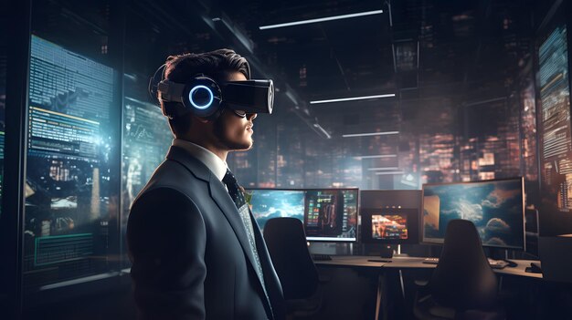Inwestor finansowy noszący futurystyczne słuchawki VR w ciemnym biurze korporacyjnym ai