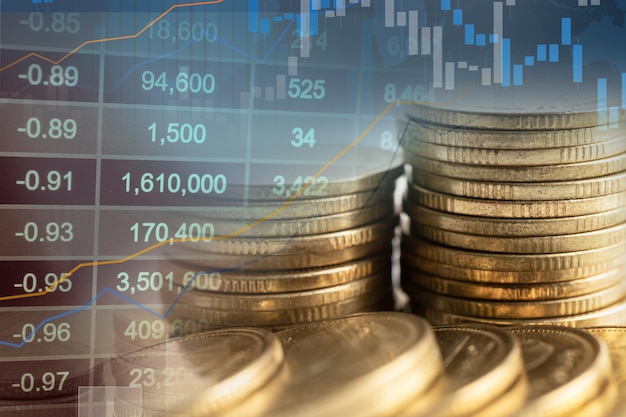 Inwestycja na giełdzie handel monetami i wykresami finansowymi lub Forex do analizy tła danych trendów biznesowych w zakresie finansowania zysków