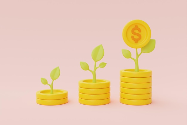 Inwestycje finansowe koncepcja przyszłego wzrostu dochodów ze stosami monet dolarowych i oszczędnością roślin lub zwiększeniem odsetek renderowania 3d