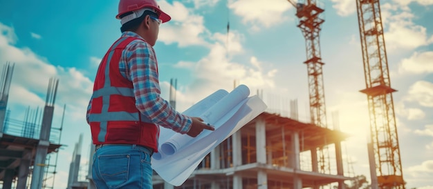 Inżynier architektoniczny z planem noszący kamizelkę hełmową sprawdzający budowę budynku Generuj sztuczną inteligencję
