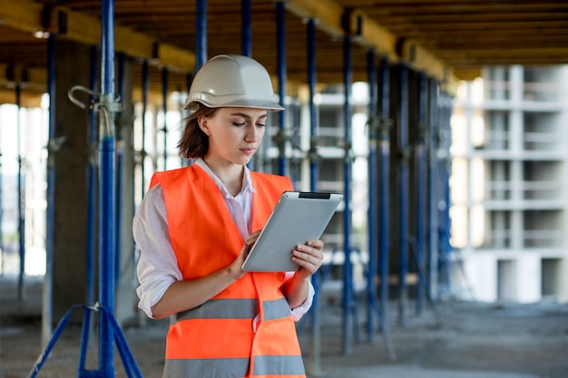 Inżynier budowy kobiet. Architekt z komputerem typu tablet na budowie. Młoda kobieta szuka, miejsce budowy na tle. Koncepcja budowy.