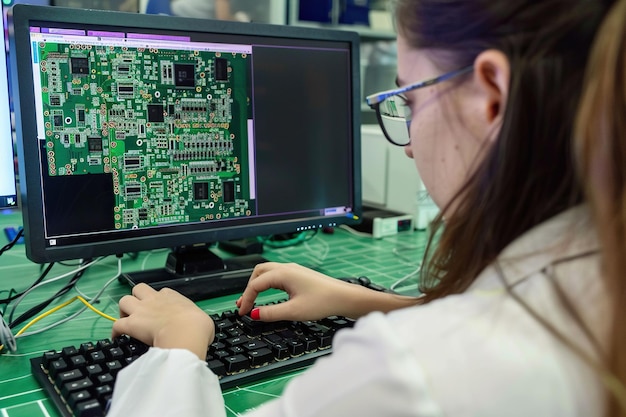 Zdjęcie inżynier ds. rozwoju obiektów elektronicznych pracuje na komputerze stacjonarnym z oprogramowaniem cad kaukazyjka kobieta naukowiec projektująca przemysłowe pcb mikrochipy półprzewodniki urządzenia telekomunikacyjne