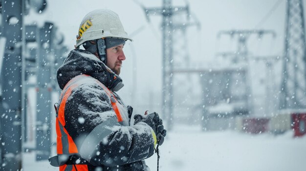 Inżynier elektryczny w ciężkiej burzy śnieżnej