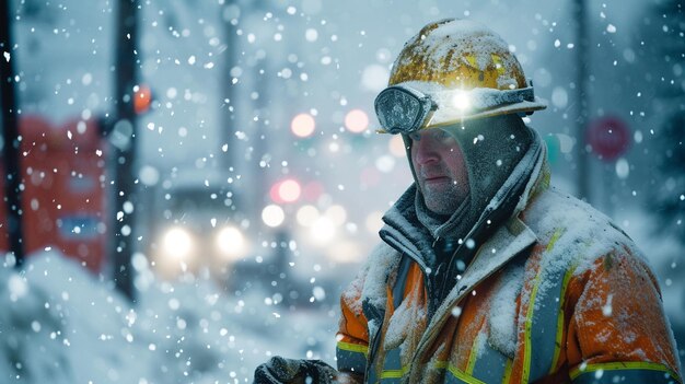 Inżynier elektryczny w ciężkiej burzy śnieżnej