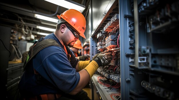 Inżynier elektryczny w odzieży ochronnej pracujący nad panelem elektrycznym