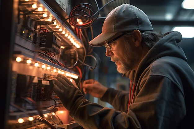 Zdjęcie inżynier elektryk naprawia elektryczny panel sterowania na tle stylu bokeh