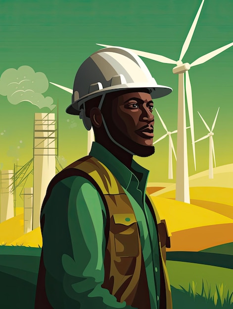 Inżynier elektryk pracujący nad turbiną wiatrową projektu energii odnawialnej z zielonymi polami lub lasami w tle