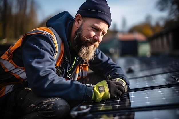 Inżynier energii słonecznej instalujący panele słoneczne na dachu technik elektryk w pracy alternatywnej