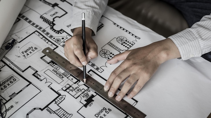 Zdjęcie inżynier i architekt koncepcyjny używa linijki do pomiaru planu piętra na planie