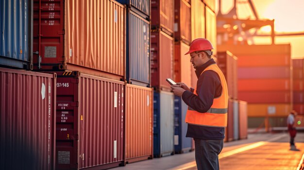 Inżynier i tablet w stoczni kontenerowej ze statku towarowego do importu i eksportu Koncepcja transportu Import i eksport