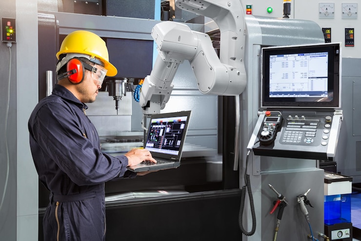 Zdjęcie inżynier konserwacji za pomocą automatycznej ręcznej robotycznej ręki z komputerem przenośnym z maszyną cnc w koncepcji inteligentnej fabryki industry 40
