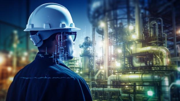 Zdjęcie inżynier patrzy w przyszłość inżynier stawia sobie cel towarzystwo w przemyśle naftowym i gazowym koncepcja inżyniera