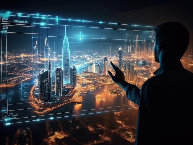 inżynier pracujący nad mapą hologramu Dubai skyline i cloudscape ai wygenerowane